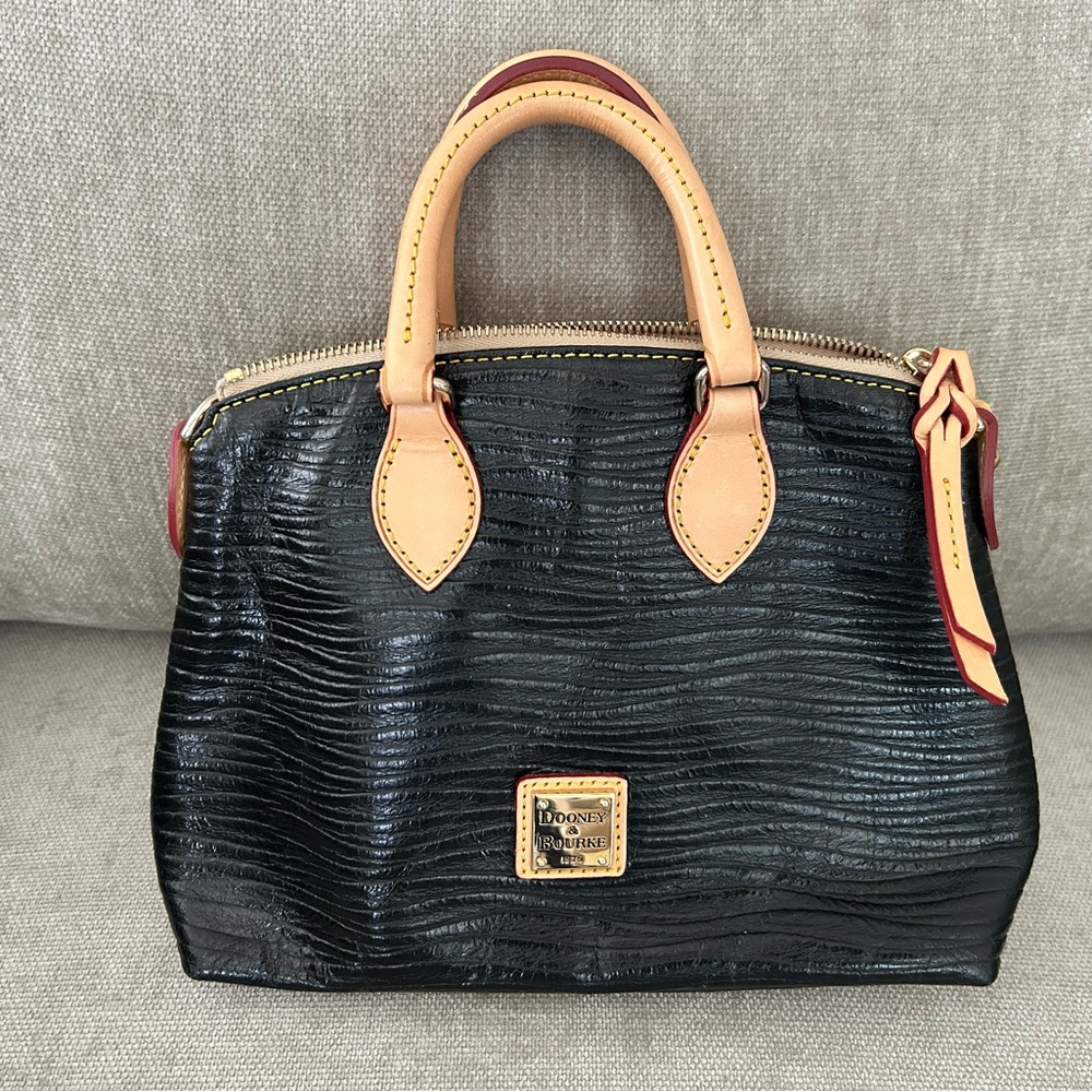 Dooney & Bourke Textured Small Black Satchel with Tan Accents